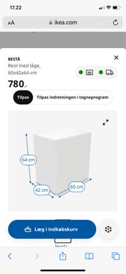Reol, Bestå Ikea, 4 stk bestå reoler. Med hvide låger. Og hylder. Og 4 ben hver. 150kr pr stk
Byd og