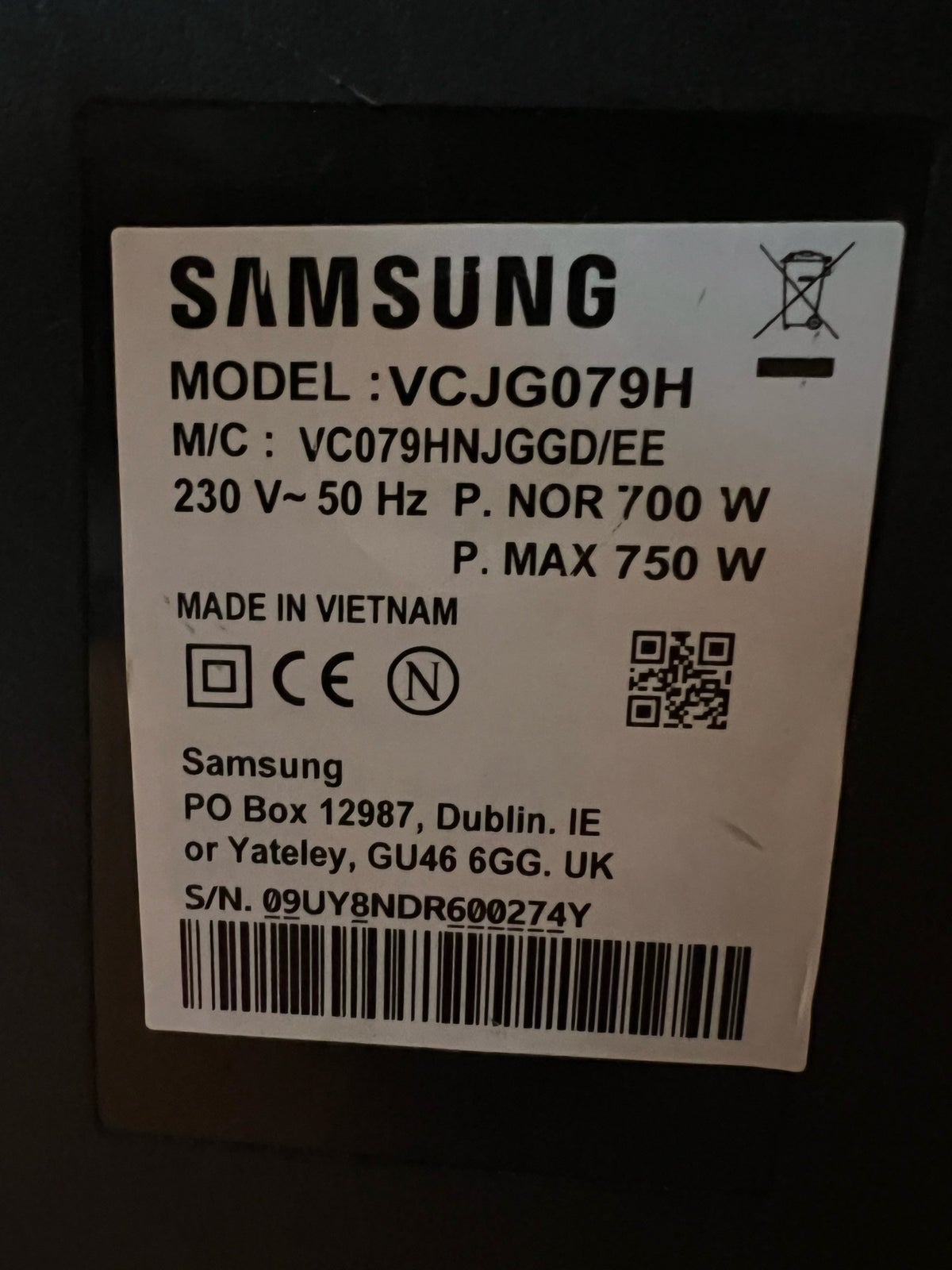 Støvsuger, Samsung VCJG079H, 750 watt