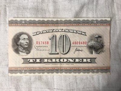 Danmark, sedler, Pålydende 10 kr., 1974, En meget flot 10 kr. seddel nr. 4609480  fra 1974, pålydend