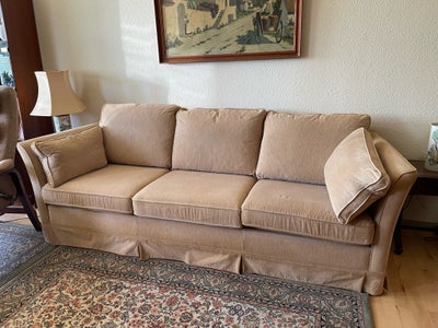 Sofa, bomuld, 3 pers., Flot 3 personers sofa i gul/ lysebrun stof med puder i gavle, løse hynder i s
