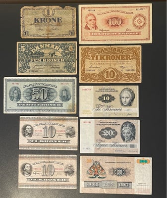 Danmark, sedler, 316, 1921, 10 fine forskellige Danske pengesedler fra 1921 til 1995. Perfekt til di