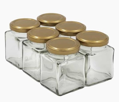Glas, Syltetøjsglas, Nye syltetøjsglas incl låg i guldfarve  sælges, 212ml - firkantet glas - Nu ska