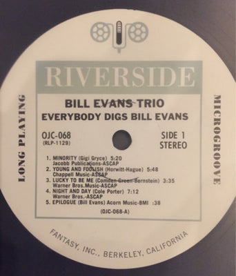 LP, Bill Evans , Everybody digs Bill Evans, Jazz, Original Jazz Classs presning fra 1990. Trykt ved 