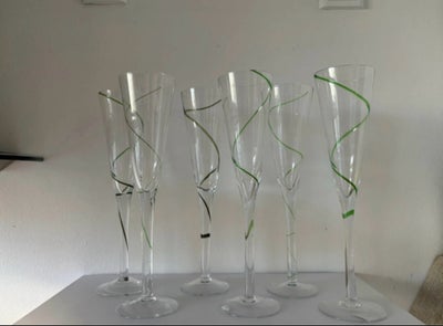 Glas, Champagneglas, 6 flotte champagneglas med grønt swirl
