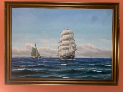 Oliemaleri, Frederik Ernlund, Stort maleri. Måler 146x106 cm. Blågrønne nuancer. Rammen har skrammer