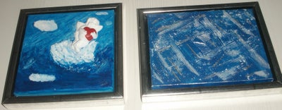 Akrylmaleri, motiv: Abstrakt, stil: Abstrakt, 2 stk. malerier i "sølv" svæveramme.
1 stk. blå med hv