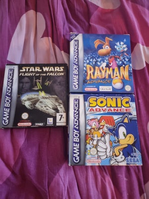 GBA 3 Spil i Kasse - Sonic Adv. Rayman Adv. SW: Fo, Gameboy Advance, 
Sælges samlet :)
Fragt til GLS