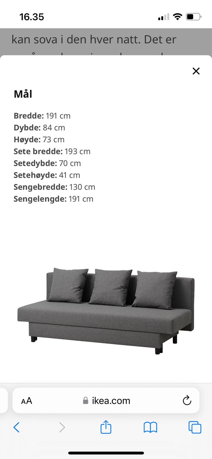 Sovesofa, Ikea ASARUM l: 191