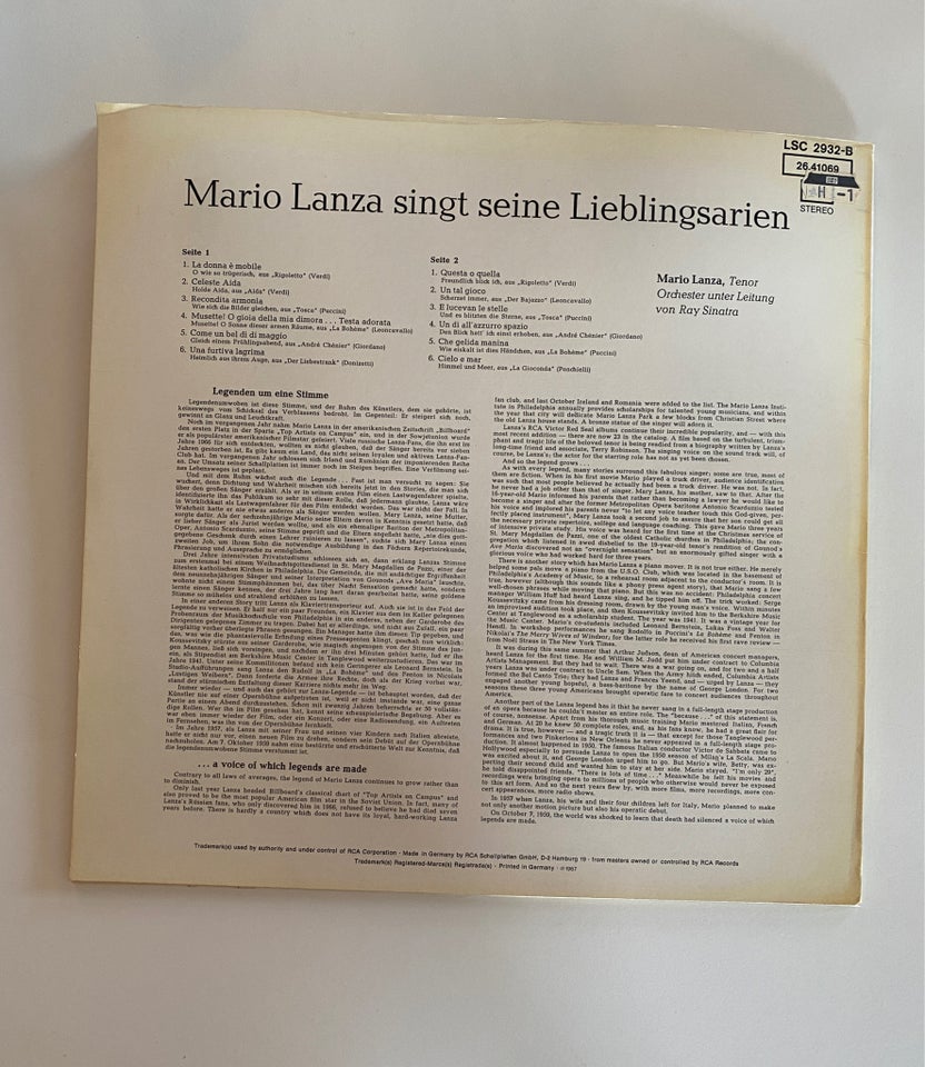 LP, Mario Lanza, sings His Favorite Arias