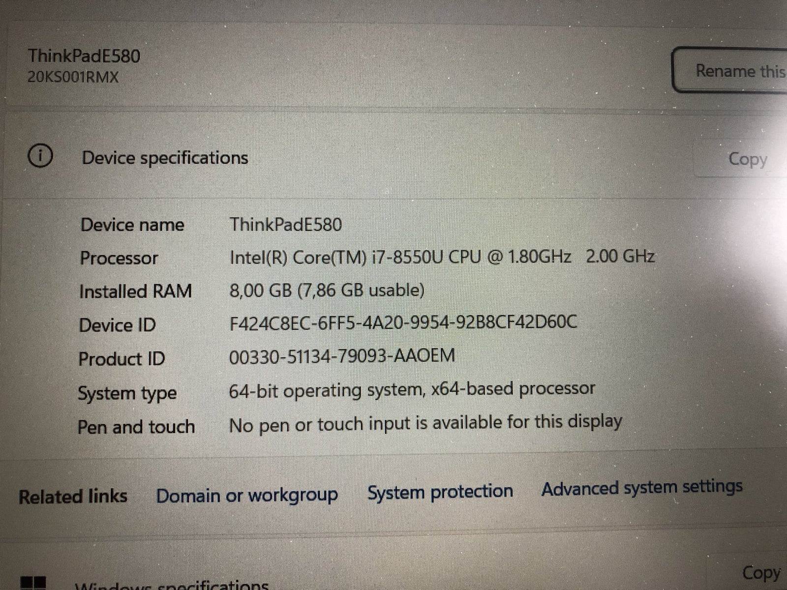 Lenovo ThinkPad E580, 8 generation Intel Core i7-8550U 1,8