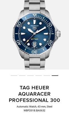 Herreur, Tag Heuer, 	TAG Heuer
Aquaracer Blå/Stål Ø43 mm
ref. WBP201B.BA0632	
Helt ny .aldrig brugt 