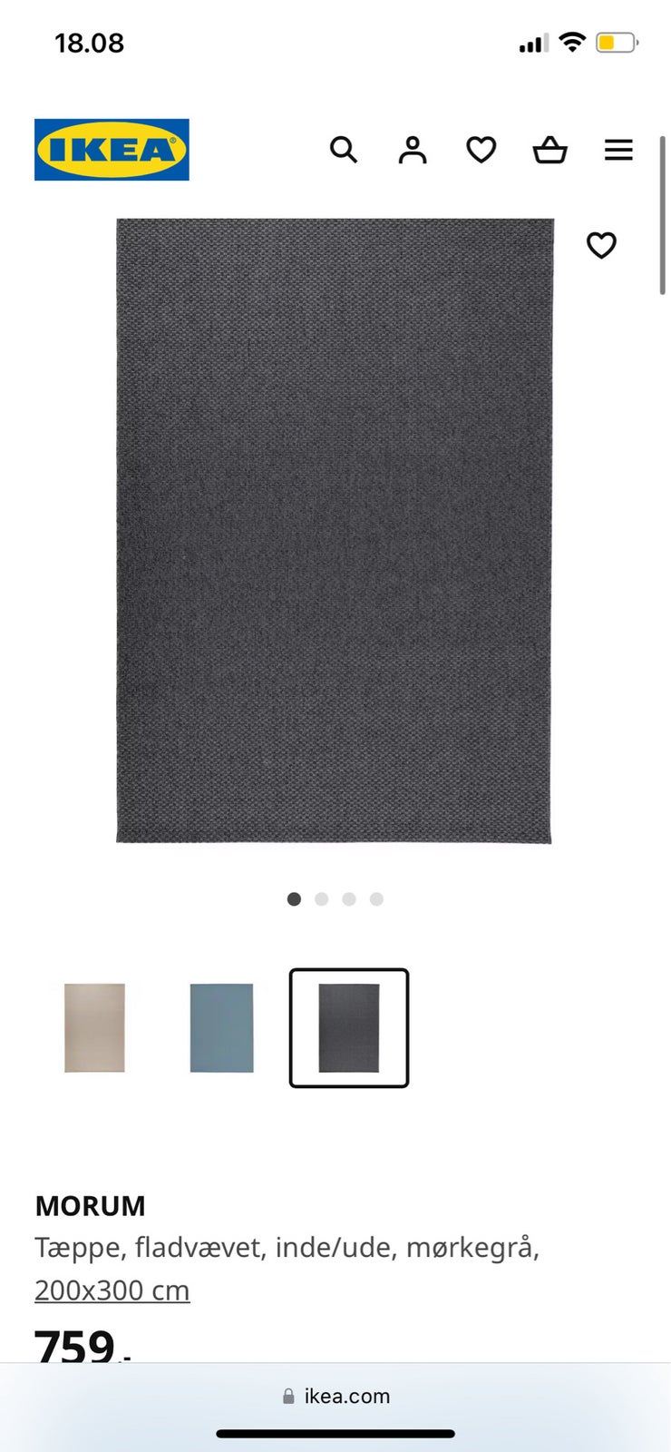 IKEA-tæppe (fladvævet) i mørkegrå gives bort. F...