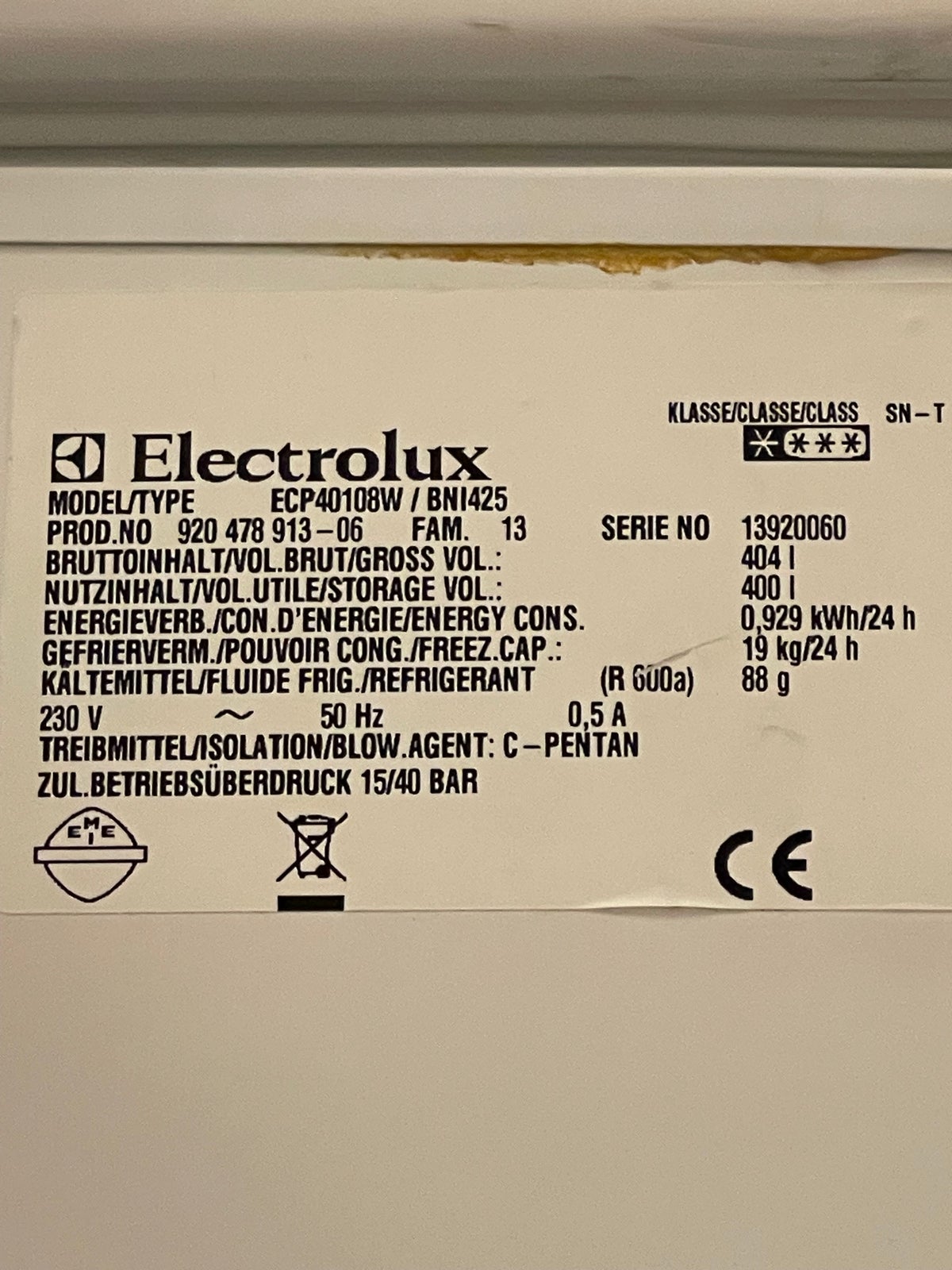 Kummefryser, Electrolux ECP 40108 W, 404 Liter