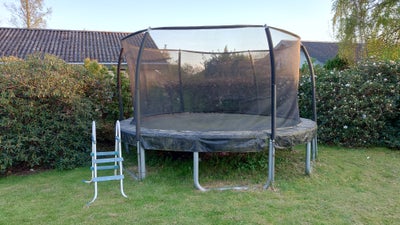 Trampolin, trampolin, Trampolin med kraftigt stel, sikkerhedsnet og kantbeskyttelse. Hoppedug 3,70 u