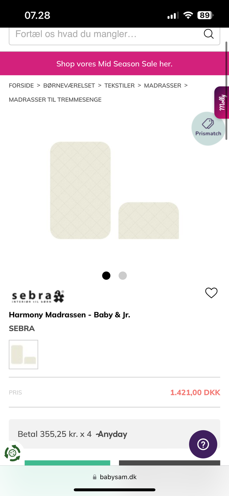 Babyseng, Sebra baby & junior seng med madras