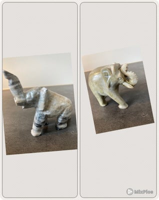 Samlefigurer, Elefanter af sten, Pris pr elefant. 150,-kr

ELEFANTER
Grå/grønlig højest 7,5 cm. Vægt