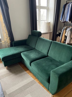 Sofa, velour, 3 pers., Grøn veloursofa med chaiselong.

230cm Lang 
70cm Bred
124 cm bred (chaiselon