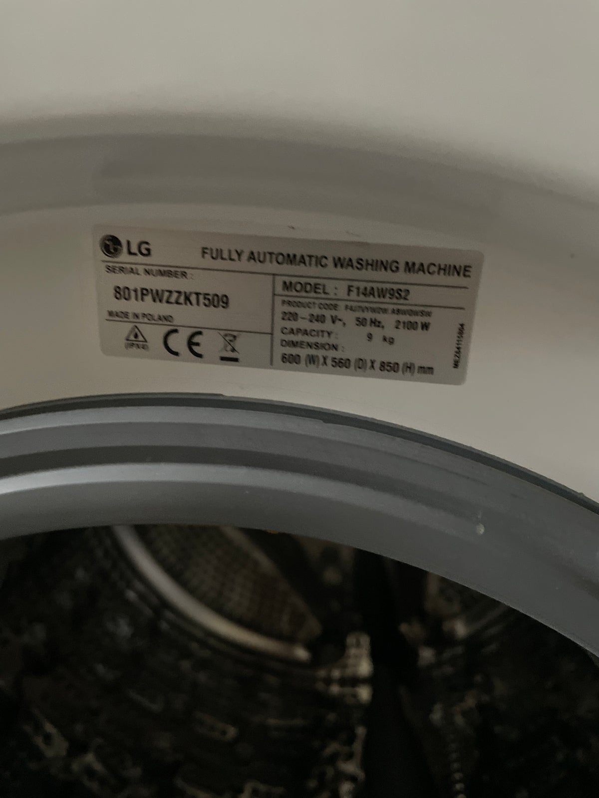 LG vaskemaskine, 801PWZZKT509, frontbetjent