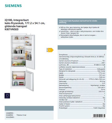 Køle/fryseskab, Siemens KI87VNSE0, 270 liter, energiklasse E, Siemens iQ100 - KI87VNSE0 Integrerbart