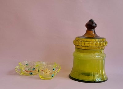 Glas, Glas lågkrukke og sukker / fløde sæt, Vintage - retro, Gul glaskrukke. Har et lille skår på in