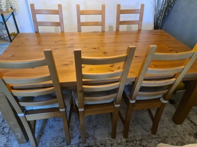 Spisebord m/stole, Træ, b: 99 l: 179, Spisebord og 6 stole i træ sælges.
Det er brugt, og har lidt h