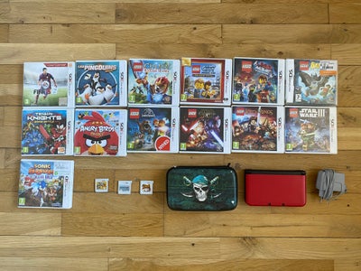 Nintendo 3DS, 3DS XL, God, Nintendo 3DS XL i rød med oplader og beskyttelsesetui, samt en masse fors