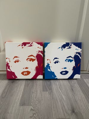 Lærredstryk, 2 stk. malerier af Marilyn Monroe.
Størrelse: 27 x 27 x 4 cm.
Sælges samlet. Fast pris.