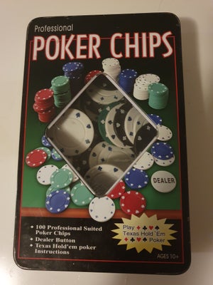 Poker, Pokerchips, andet spil, 31 hvide chips
3 grønne chips
2 røde chips
32 sorte chips

I metal æs