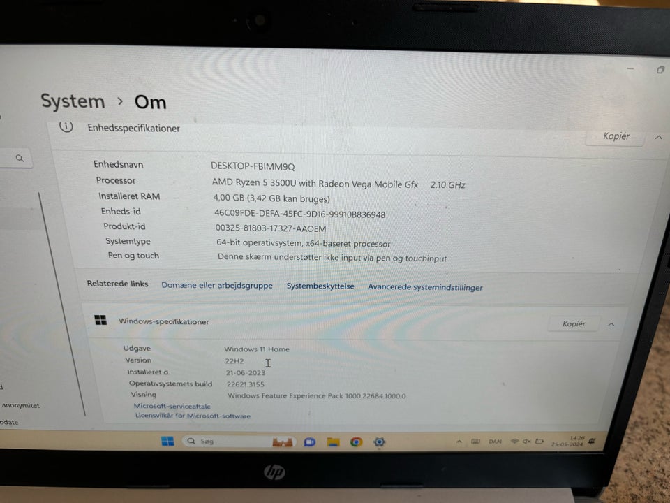 HP 14-dk0850no, 3,7 GHz, 4 GB ram