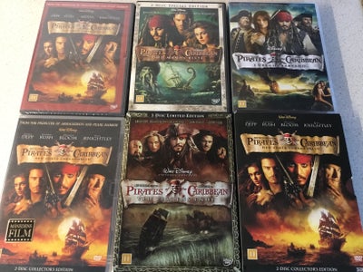 Pirates of the caribbean , DVD, eventyr, 6 film sælges sammen pæne og velholdt 
