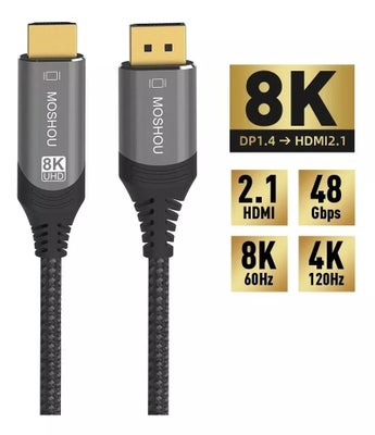 8K DisplayPort 1.4 til HDMI 2.1, MOSHOU, Perfekt, Kablet er 1.5 meter og virker / fremstår som nyt.
