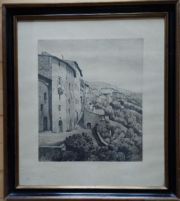 Radering, b: 40 h: 45, Axel Hou. Assisi 1928. Radering. 