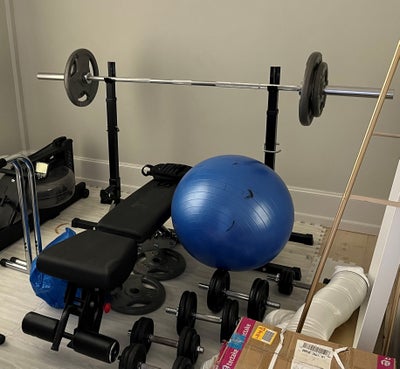 Vægtstang, Olympisk vægtstang, justerbar rack (bryst/squat), justerbar bænk (Taurus), 120 kg. vægtsk