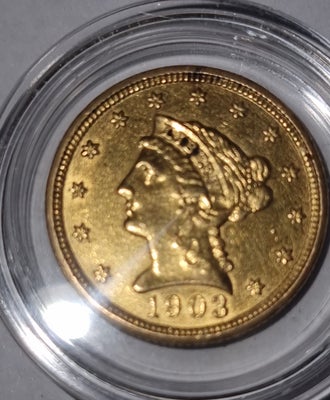 Amerika, mønter, Liberty Head, Quarter Eagle
Fin lille guldmønt, USA
Årgang 1903
Vægt 4,18 gram
Finh
