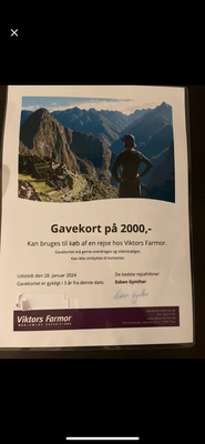 Andet, Andre lande, Andet, Andre lande

Viktors Farmor rejser Gavekort på 2000 kr
SÆLGES FOR KUN 150
