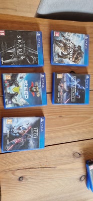 Samling af ps4 spil, PS4, Skyrim, Jedi Fallen Order, Steep, Ghost Reacon Breakpoint, Star Wars Battl