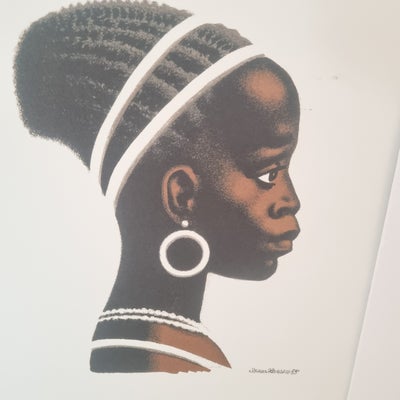 Plakat, Sikker Hansen, motiv: Afrikansk kvinde, b: 40 h: 50, Glasindrammet med syrefri passepartout 