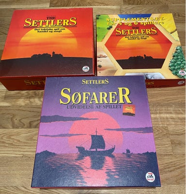 Settlers of Catan, Strategispil, brætspil, Original spil med træbrikker. 
Alle tre spil er i rigtig 