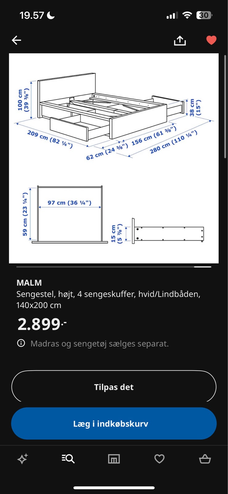 Dobbeltseng, Ikea Malm, b: 156 l: 209 h: 38