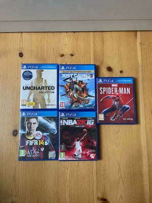Playstation spil, PS4, Uncharted the nathan drake collection 
Just cause 3
FIFA 14 
NBA 2K16
Spiderm