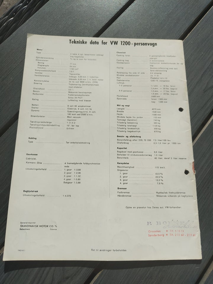 Salgsbrochure, VW Volkswagen Folkevogn 1200 Årgang 1963