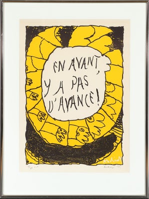 Litografi, Pierre Alechinsky, motiv: abstrakt, b: 54 h: 75, "En avant, y a pas d`avance!".
Signeret 