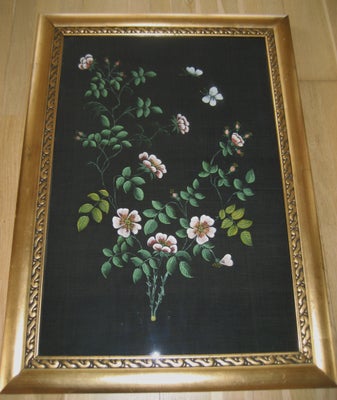 Andet, motiv: Blomster/Have, b: 67 h: 93, Vildrose malet på sort stof i rene og klare farver ca. 100