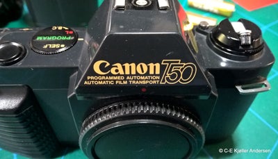 Canon, Canon T50, God, Spejlrefleks til 35mm film. God stand og virker med batterier i men ikke test