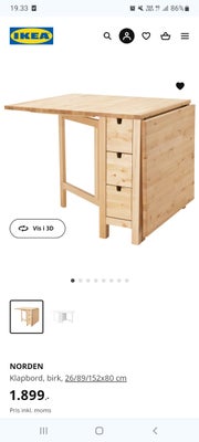 Spisebord, Træ, Ikea Norden, b: 80 l: 89, Ikea Norden spisebord i birk og med skuffer. Smart pladsbe