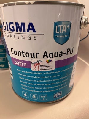 Contour Aqua-pu , Sigma coatings, 2,3  liter, Satin, Vil tro jeg har brugt 200ml af bøtten.

Har stå