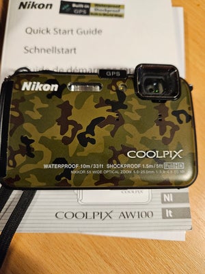 Nikon Nikon Coolpix AW100, 16 megapixels, 5 x optisk zoom, God, Vandtæt til 10m . Stødsikkert 1,5 m 