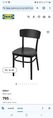Spisebordsstol, Træ, Ikea, b: 42 l: 47, To sorte Ikea Idolf spisestuestole i træ. Almindelige brugss