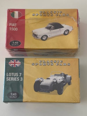 Modelbil, ATLAS EDITIONS , skala 1:43, Fiat 1500 og Lotus 7. Begge biler er i boks med original plas