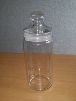 Glas, Syltetøjsglas	, Med tætlukkende låg
Højde: Uden låg 20 cm, med låg 27 cm 
Diameter: 10 cm 
Hel